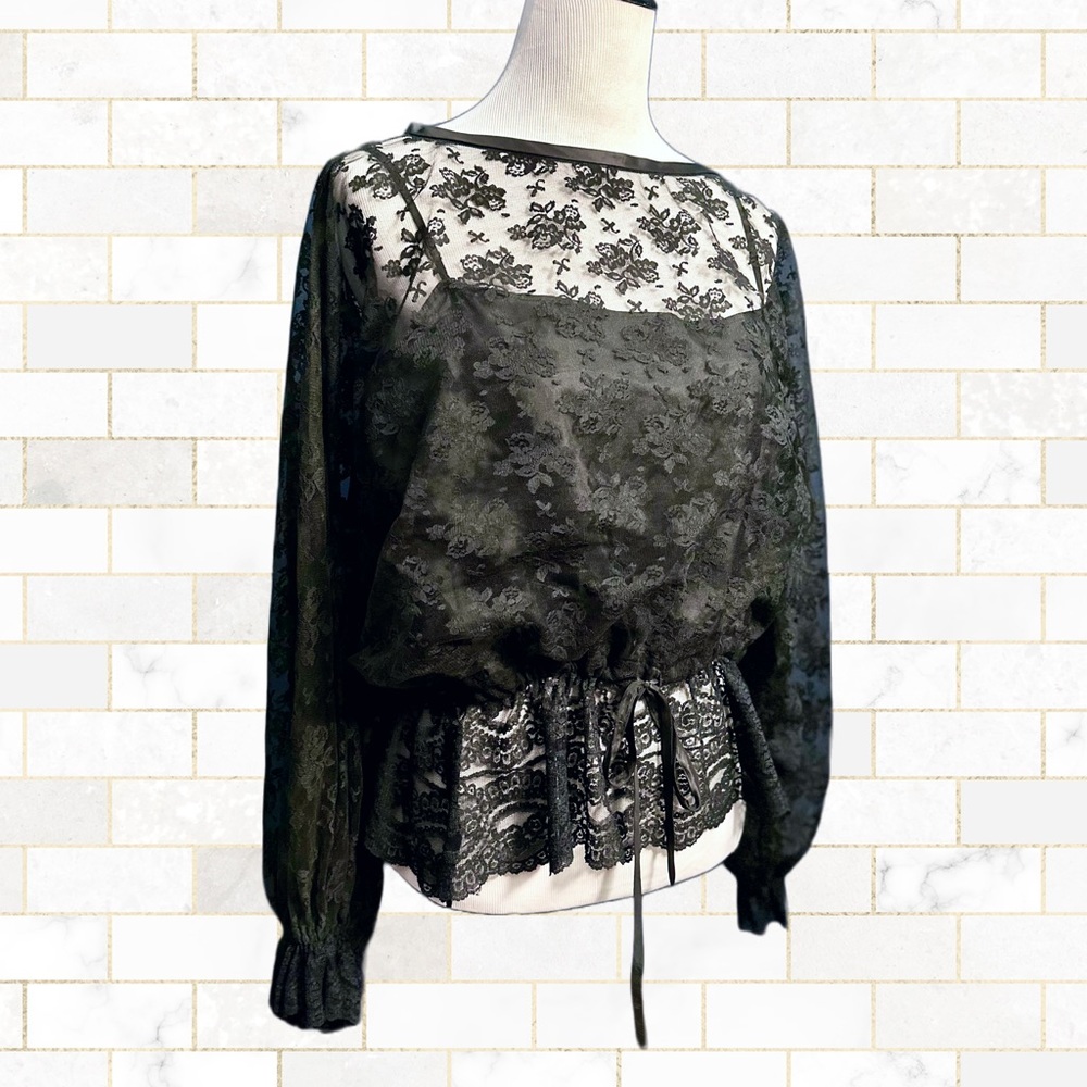 Vintage 80s Black Lace Top With Adjustable Waist Ribbon